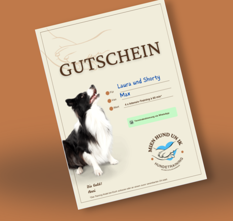 Gutschein Hundeschule Schwerin Gutschein für Max von Laura und Shory, mit Abbildung eines Hundes.